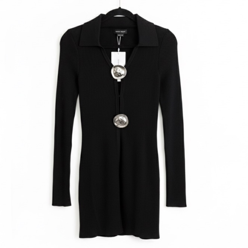 NWT•URBAN REVIVO Black Ribbed Knit Mini Dress Cardigan Silver Brooch Tunic Top M